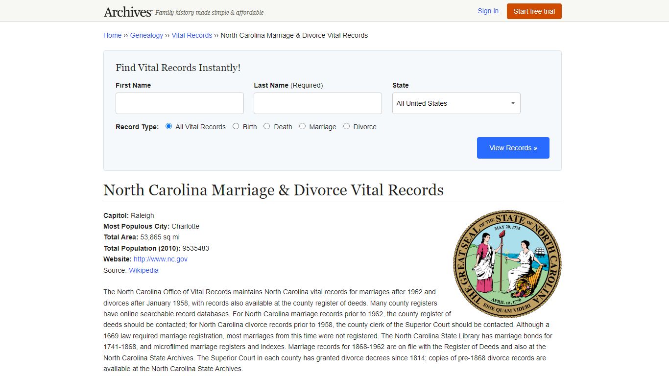North Carolina Marriage & Divorce Vital Records - Archives.com